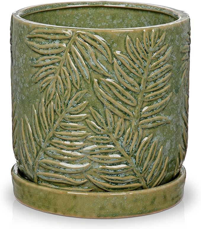 5.5 Inch Ceramic Planter Pots with Drainage Holes, Saucers for Indoor-Outdoor Plants, Succulent Orchid Flower Large Round Plant Pot Green