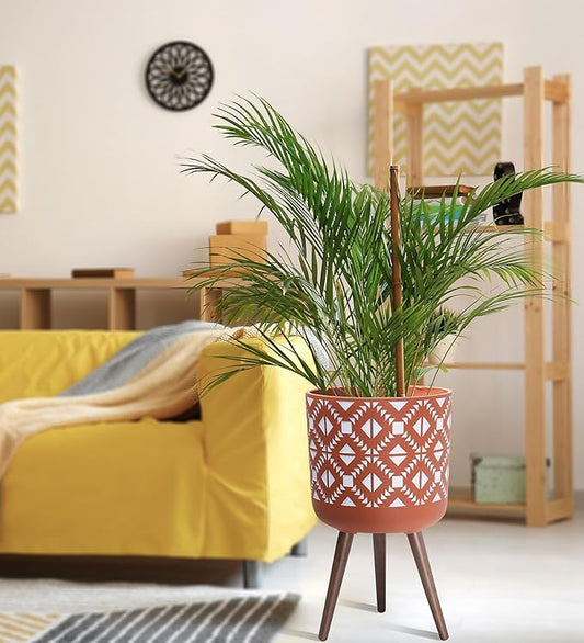 D'vine Dev 14 Inch Planter Pot with Stand, Mid-Century Tall Plant Pot with Legs for Indoor Plants, Pottery Red Terracotta/White, 88-G-D-5