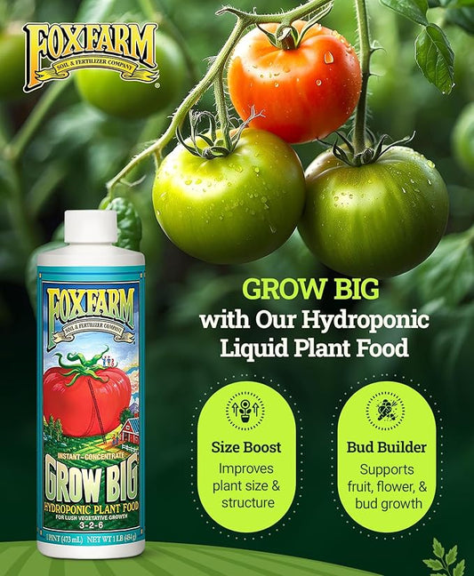FoxFarm Grow Big Hydro Organic Liquid Fertilizer, 1 Pint - 3-2-6 Plant Food with Micro Nutrients for Hydroponic Systems - Enhances Vegetative Growth, Flowering, and Fruiting - pH Adjustable
