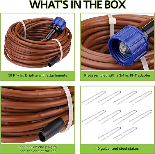 Raindrip R567DT Drip Irrigation Watering Kit for Vegetable Gardens Includes 50 feet of 1/4-Inch Dripline, 3/4-Inch FHT Adapter, 10 Hold-Down Stakes, 1 End Plug