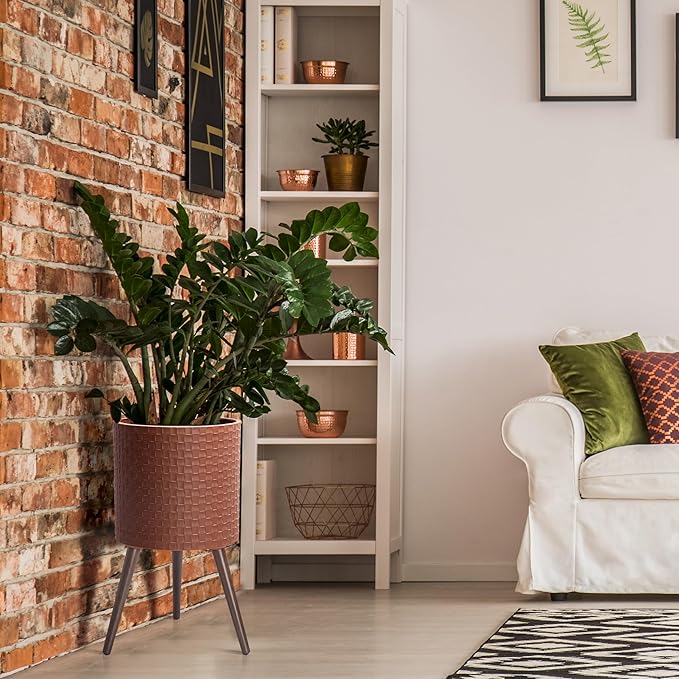 D'vine Dev 14 Inch Modern Geometric Tile Patterned Sleek Planter Pot with Stand, Indoor Outdoor Decorative Plant Holder, Terra Cotta, 88-Z-D-3