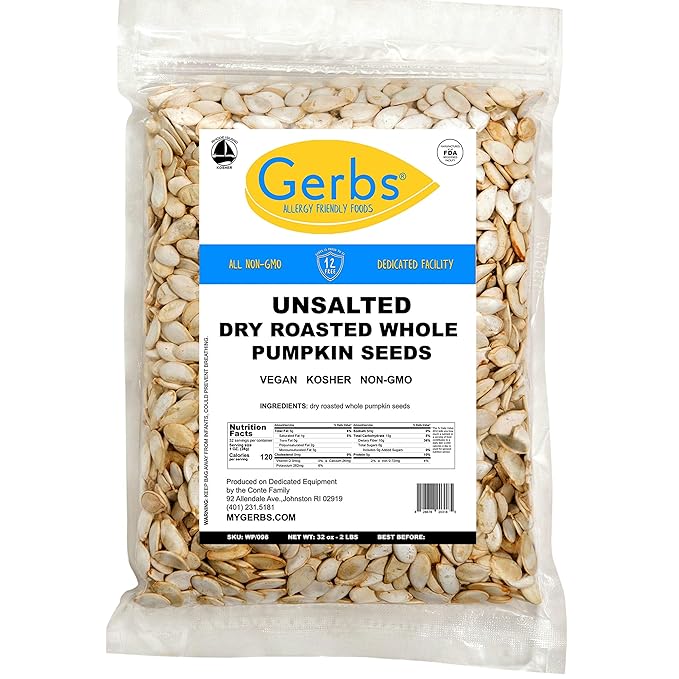 Pumpkin Seeds in-Shell (Whole) Roasted & Unsalted by Gerbs - 2 LBS Premium Grade AA Pepitas - Top 10 Food Allergen Free - Vegan & Kosher - Seed Country of Origin USA - Made in Rhode Island