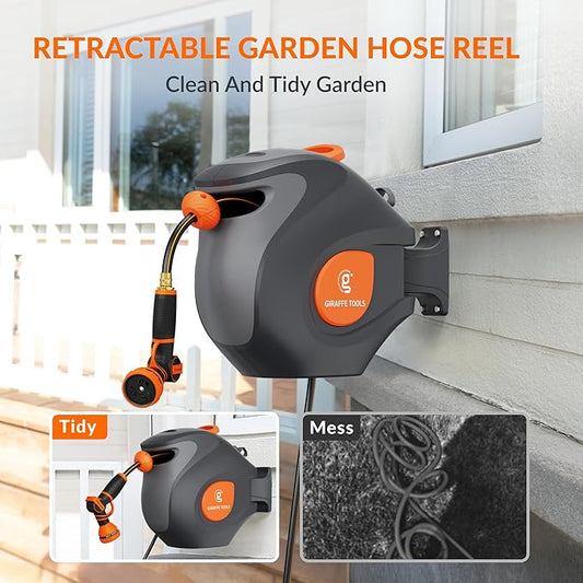 Giraffe Tools BW35 Retractable Garden Hose Reel | Wall-Mounted, Automatic Rewind, 100ft 1/2" Hose with 9-Pattern Spray Nozzle | Outdoor, Lawn, Garden & Car Cleaning Use