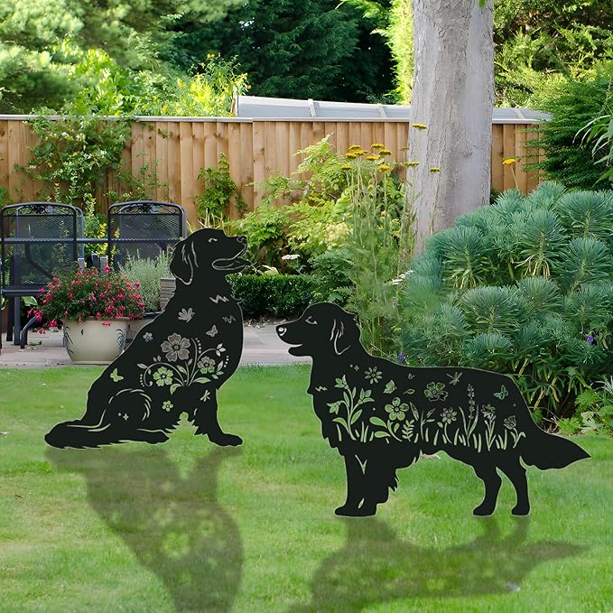 Golden Retriever Metal Garden Stakes Yard Decor, 2PCS Black Dog Silhouette Statues Garden Decorative Gifts for Yard Art, Patio, Outside, Lawn Ornaments, Backyard, Christmas