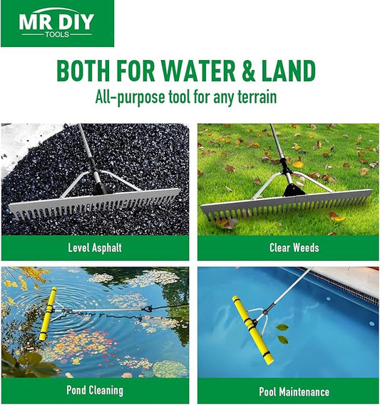 Floating Lake Rake, 36" Head Aluminum Landscape Rake with 103" Adjustable Handle, 20FT Rope & Float, Weed & Algae Removal of Leaves, Floating Scum