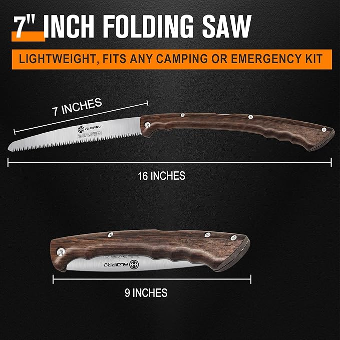 Folding Pruning Saw 7 Inch with Leather Sheath and Wenge Wooden Handle, SK5 Steel Blade, Foldable Hand Saw for Camping, Survival, Wood Cutting, Bushcraft and Tree Trimming