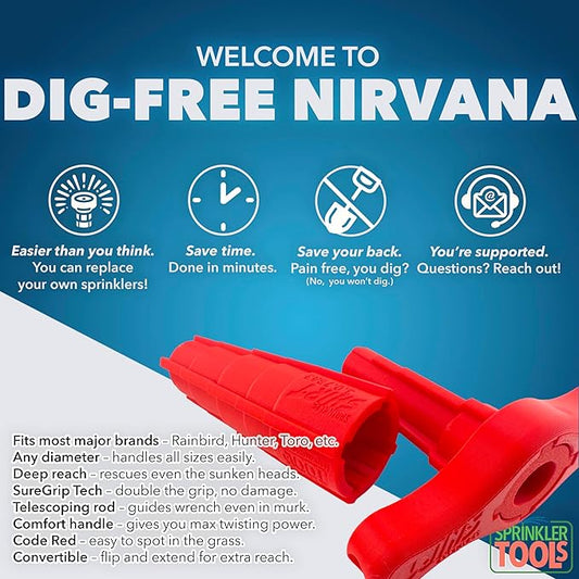 Sprinkler Head Removal Tool 4-in-1, Replace Your Sprinklers Without Digging in Under 2 Minutes, Most Brands Rainbird Toro Orbit Hunter K-Rain, Upgraded Tool Made in USA, Rust-Proof Sprinkler Shirt