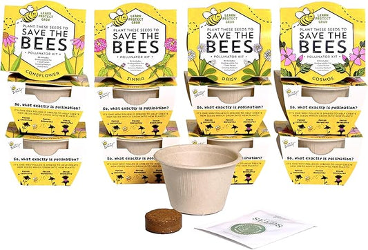 BUZZY Seeds Save The Bees Grow Kit, 12 Biodegradable Mini Flower Pots with Wildflower Seed Packets, Indoor Outdoor Planting Starter Set, DIY Gardening Gift, Sustainable Party Favors Adults