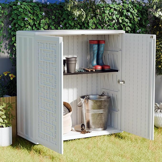 Indoor Outdoor Storage Cabinet Waterproof with Shelf, Off White Plastic Outdoor Cabinets for Patio/Garden/Backyard, Size 34.3''L*15''W*36.2''H