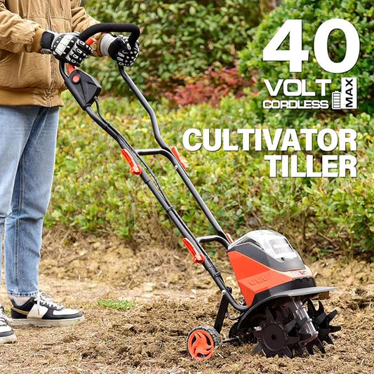 MAXLANDER Cordless Tiller Cultivator, 40V 12-Inch Brushless Battery Powered Garden Tiller with 4 Steel Tines, Powerful 280 RMP Rototiller, 2x4.0Ah Battery and Charger Included