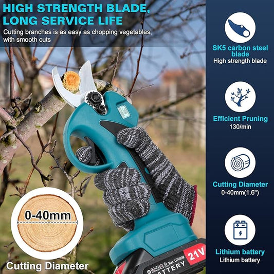 Cordless Electric Pruning Shears,Branch Cutter with LCD Display, Trimming Scissors Battery Power,1.6 Inch Cutting Diameter, SK5 Blade Tree Trimmer, 2 Rechargeable 2000mAh Lithium Batteries set