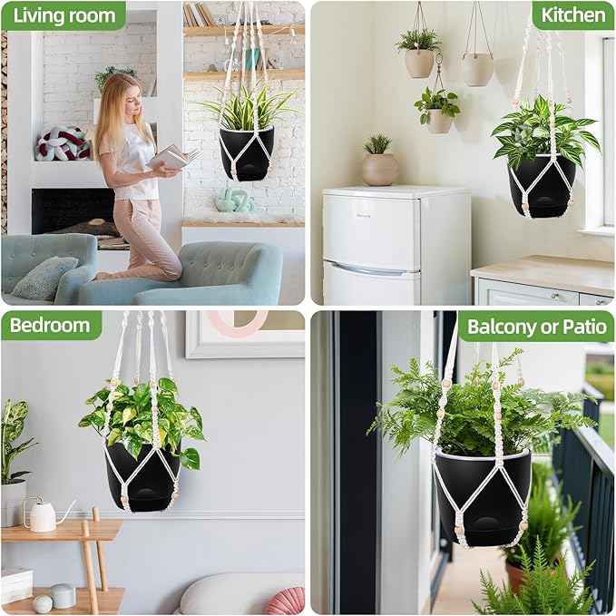 2-Pack 7.1-Inch Self-Watering Hanging Planters for Indoor & Outdoor Plants,34Inch Macrame Hanger Plant Pots Indoor with Drainage,Small Hanging Planters & Baskets,With Two Sets of Hooks(Pure black)