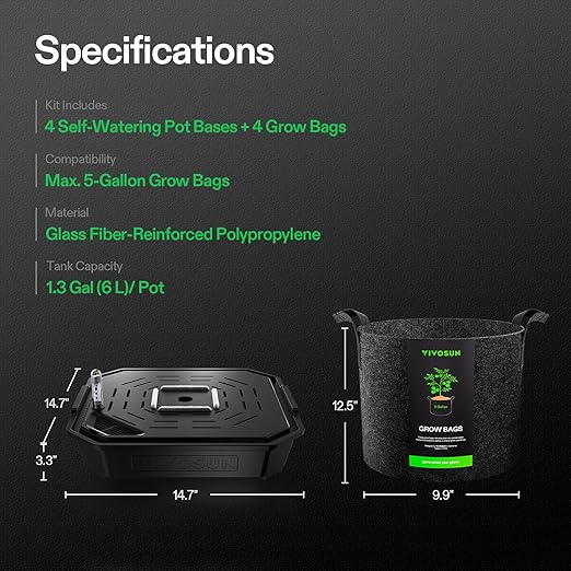 VIVOSUN 4-Pack FlexFeed Self-Watering Pots with Grow Bags, Auto Irrigation Fabric Pot Base with Water Meter & Maintenance Window, for Use Indoors/Outdoors in Grow Tents, Greenhouses, Gardens