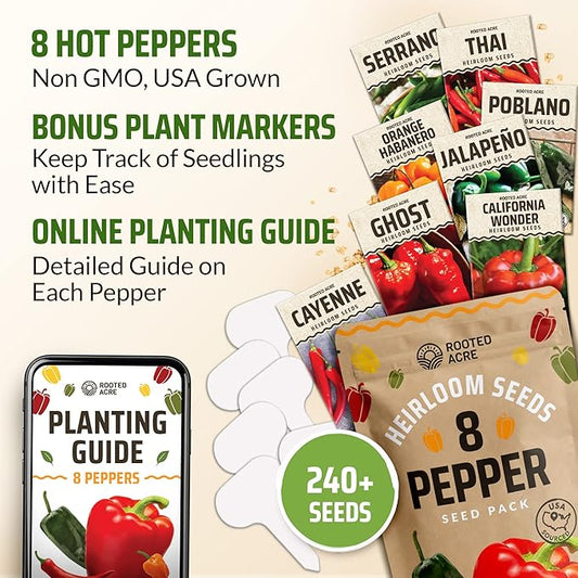 Rooted Acre 8 Varieties Hot Peppers – 240 Heirloom Seeds, High Germination – Includes Ghost, Jalapeño, Serrano, California Wonder & More – Spicy Pepper Garden Mix