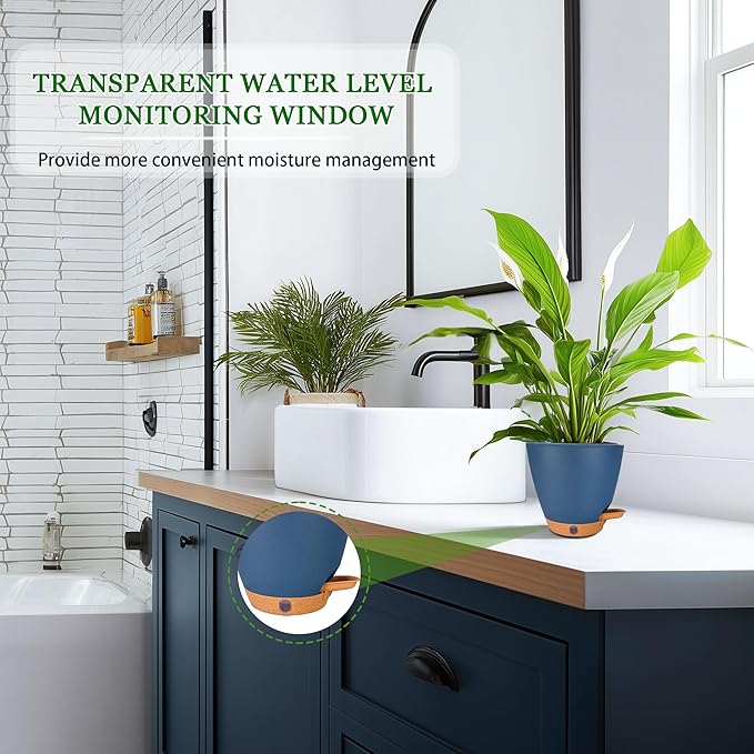 6 Inch Self Watering Pots for Indoor Plants (5-Pack) – Small Plastic Planters with Water Window, Drainage Holes & Trays, Indoor Outdoor Flower Pots for Herbs, Succulents, Home Garden Decor (Navy Blue)