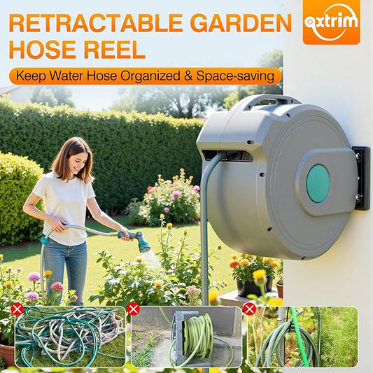 AXTRIM 100 ft x1/2 in Retractable Garden Hose Reel, Premium Wall Mounted Water Hose Reel with 10-Pattern Spray Nozzle, Any Length Lock, Slow Return System, 180° Metal Swivel Bracket, Anti-UV