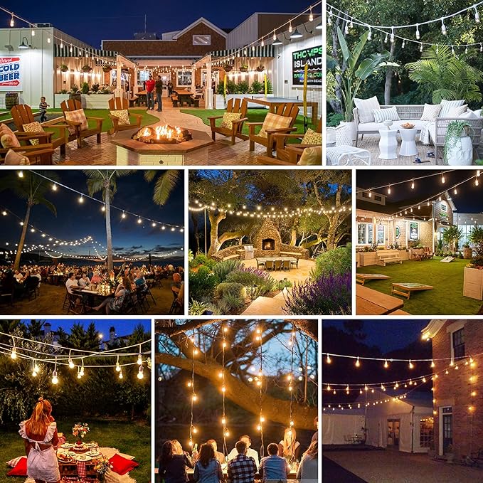 96FT(48×2) Outdoor String Lights, Commercial Grade Heavy Duty White Wire Patio Light with Dimmable S14 Shatterproof LED Bulbs, Linkable Waterproof Bistro Lights for Outside Deck Backyard Cafe Market