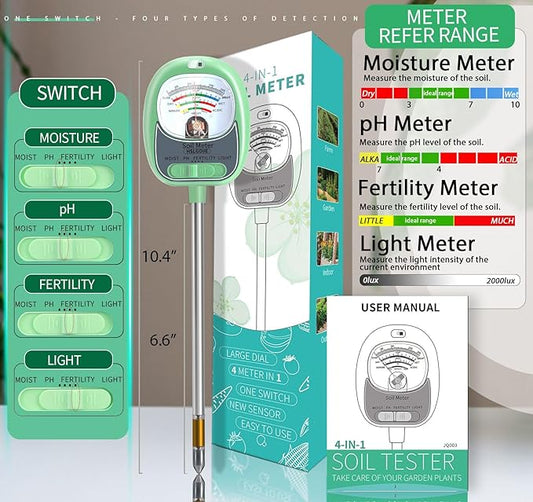 HSLGOVE 4-in-1 Soil Test Kit – Soil Moisture Meter, pH, Fertility & Sun-Light, No Battery Required, Large Dial Soil Tester for Indoor & Outdoor Gardening, Lawn, Farm – BabyGreen