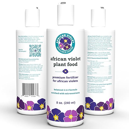African Violet Fertilizer | Premium Liquid Plant Food for Strong Roots & Lush Blooms | Gentle, Balanced 3-3-3 Formula with Essential Micronutrients | Sea Kelp, Humic & Fulvic Acid | Made in USA | 8 oz