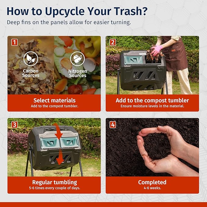 East Oak Compost Tumbler Outdoor, 43-Gal Dual Chamber Compost Bin with 2 Sliding Door and Aeration System, Tumbling Rotating Composter Bin for Kitchen, Garden, Yard