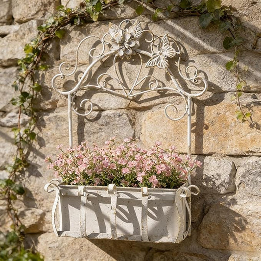 Rustic Metal Wall Planter Vintage Wall Mounted Flower Pot Farmhouse Distressed Wall Hanging Plant Basket with Floral & Butterfly Decor for Indoor Outdoor Garden Home Yard (White#2)