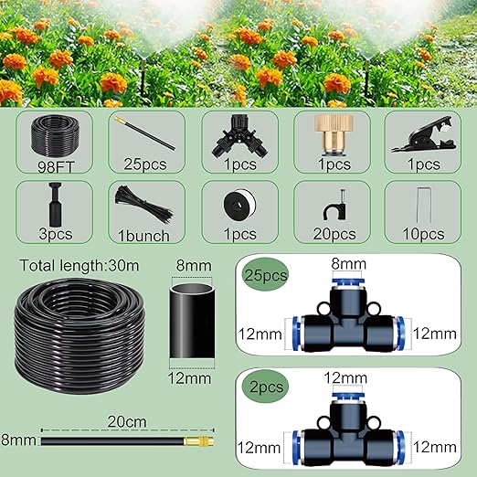 98 Ft Drip Irrigation System,360°Bendable Drip Irrigation Kit,25 Nozzles and 27 Quick Connectors,Automatic Garden Irrigation System,Adjustable Atomizing System for Plants, Greenhouse,Yard,Lawn