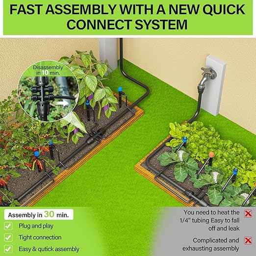 Bonviee 50FT 5/16" Drip Irrigation Tubing and 4 Packs 4-Way Quick Coupler, Push-to-Connect Fittings- DIY Garden Irrigation System, Misting, or Blank Distribution Tubing for Any Gardening Project