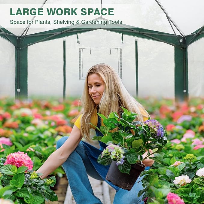 EAGLE PEAK 12x8 Portable Walk in Greenhouse with Polyester Reinforced Corners, Instant Pop up Indoor Outdoor Gardening Green House, Roll Up Zipper Doors Mesh Windows & Winter Support Pole, Green/White