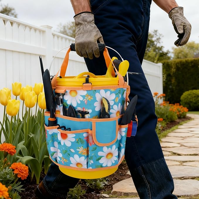 KUNN 5 Gallon Bucket Organizer 18-Pocket Tool Bag with Hangable Handle | Heavy-Duty Garden Caddy & Bucket Accessory for Gardening Tools, Orange