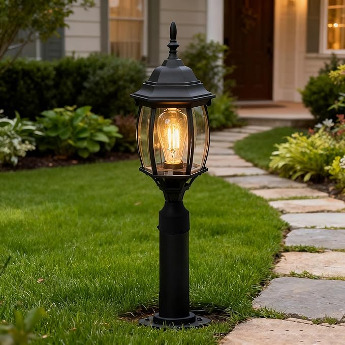 17” Black Outdoor Post Light Fixture, Pole Mount Outside Light for Garden Entrance Driveway Black Pillar Lantern 17 Inch Pier Mount Outdoor Lamp Post for Front Yard
