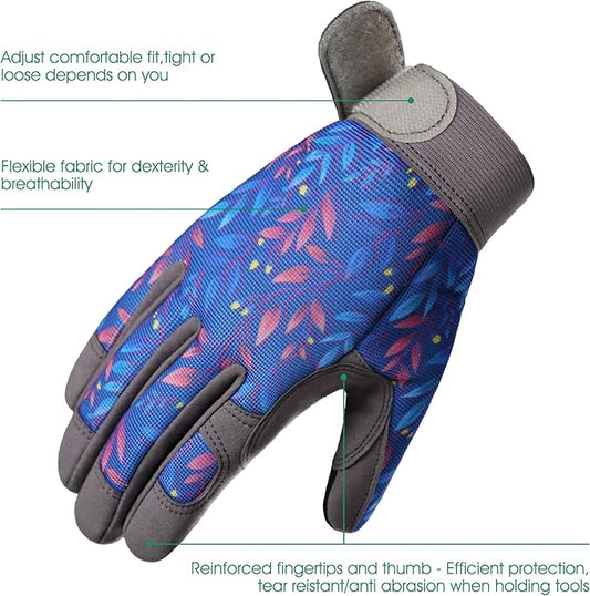 COOLJOB Small Gardening Work Gloves for Women Ladies, Thorn Proof for Rose Pruning, Cactus Handling, Blackberry Bush Planting, Puncture Resistant Anti-Slip Flexible, 1 Pair S Blue Flower
