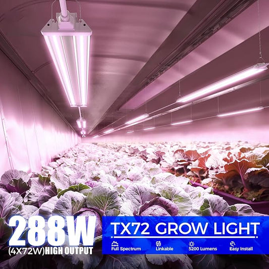 Barrina TX72 4FT Grow Lights for Seed Starting, 288W(4 x 72W, 2000W Equivalent), Full Spectrum, Linkable, High PPFD, Mechanical Timer, Grow Lights for Indoor Plants with On/Off Switch, 4 Packs