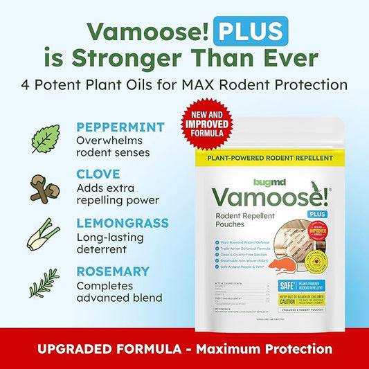 BugMD Vamoose! Plus Peppermint Oil Mouse Repellent Pouches | Natural Mice Repellent Indoor & Rat Deterrent for House, Garage, RV, Car & Storage | Plant-Powered Rodent Control - 4 Pack - 16 Pouches