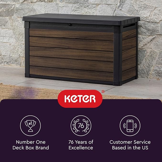 Keter Rosewood 100 Gallon Resin Deck Box Organization and Storage for Patio Furniture Outdoor Cushions, Throw Pillows, Garden Tools and Pool Toys