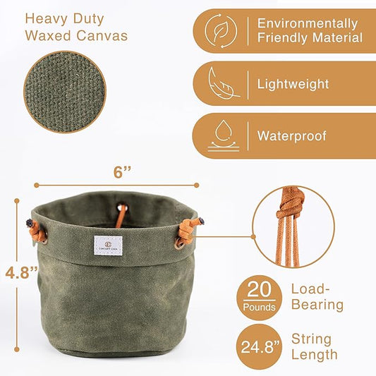 Waxed Canvas Handmade Hanging Planter for Indoor/Outdoor Plants, Hanging Basket Plant Holder Forest Green with Hook