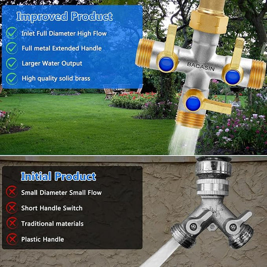 Brass Garden Hose Splitter, 3 Way Hose Splitter, Outdoor Hose Splitter, GHT 3/4 In, Female Inlet And 3 Way 3/4 In (Increase Flow Style) (silver)