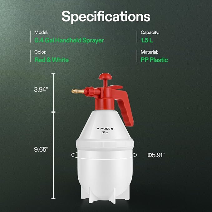 VIVOSUN 50oz Pump Sprayer, Handheld Garden Water Sprayer Bottle with Adjustable Brass Nozzle, for Spraying Plants, Flowers, Weeds and Cleaning, Red