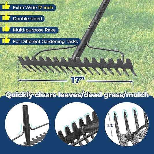 Garden Rake, 17" Extra Wide Double-Sided Head, 63" Heavy Duty Lightweight Stainless Steel Leaf Rake for Leveling Lawn, Loosening Soil, Leaf Cleanup, Soil Prep, Landscaping, Spread Mulch Fast