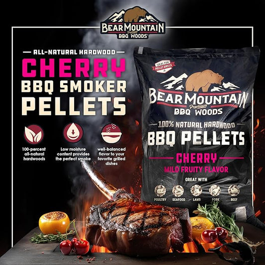Bear Mountain All Natural Wood Pellets for Smoker, Grill & BBQ, 40 Lbs, Cherry - Premium Hardwood Barbecue Pellet Accessories for Indoor and Outdoor Grilling