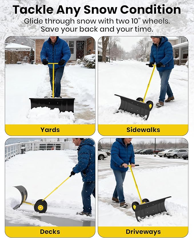 36” Snow Shovel for Driveway,Heavy Duty Wheeled Rolling Shovels 5 Position Angled Blade, Ergonomic Handle & Rubber Wheels for Efficient Snow Removal, Snow Plow for Doorway,Driveway and Sidewalks