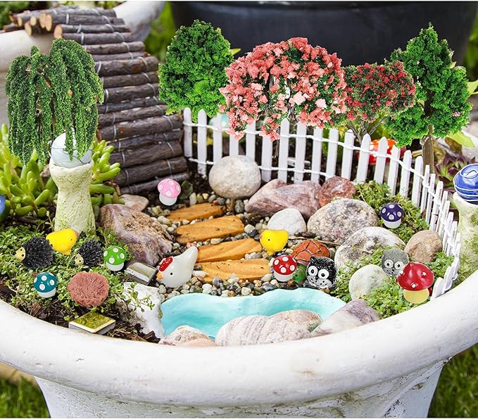 Hoteam 72 Pcs Miniature Garden Accessories Mini Moss Garden Animals Rabbit Owl Miniature Figurines Fake Diorama Trees Natural Outdoor Sheet for DIY Fairy Craft Decor
