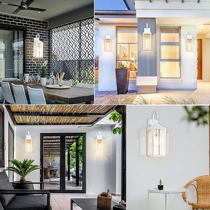 Large Outdoor Wall Lights, 19 Inch White Exterior Light Fixture, Waterproof Front Porch Lighting, Modern Sconces Lantern with Clear Glass Shade for House, Garage