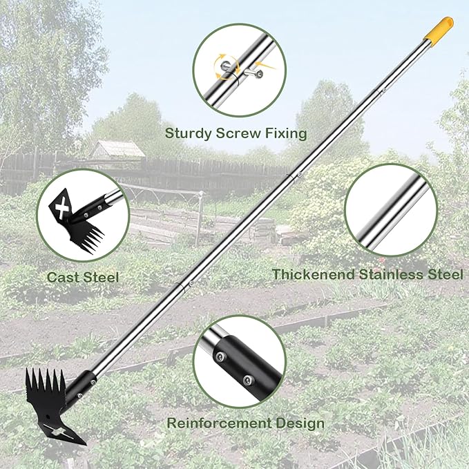 Weed Puller Tool with Long Handle, 60" Manual Weeding Tools Gardening, 2 in 1 Hand Weed Rake and Hoe Garden Weeder Tool, Uprooting Pulling Weed Remover Tool for Yard, Patio, Lawn and Garden