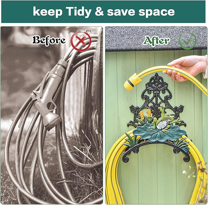 Sungmor Cast Iron Heavy Duty Garden Hose Holder - Decorative Hand-Painted Frog Wall Mounted Water Hose Hanger - Wall Decoration Hanging Hose Rack - Hose Reel Storage Butler - Metal Hose Stand