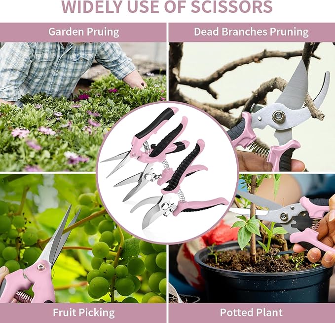 3 Pack Garden Pruning Shears, Stainless Steel Shears, Gardening Shears Scissors Pruning Shears for Gardening Tools (3PCS Pink and Black)