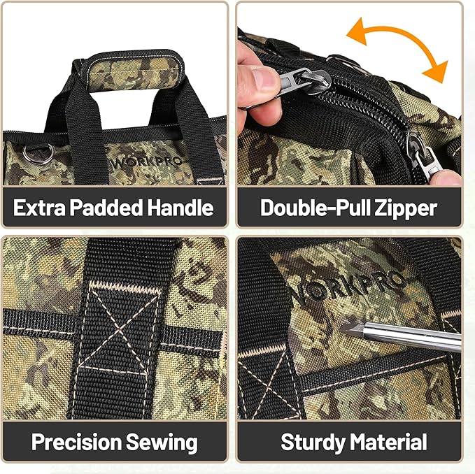 WORKPRO 16-Inch Wide Mouth Tool Bag, Tool Bags for Men with Adjustable Shoulder Strap, Waterproof Oxford Fabric and Sturdy Buttom