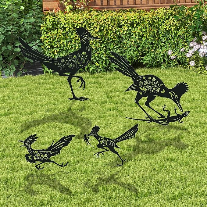 Roadrunner Metal Garden Stakes Yard Decor, 4PCS Black Roadrunner Silhouette Statues Garden Decorative Gifts for Yard Art, Patio, Outside, Lawn Ornaments, Christmas, Backyard, Pathway