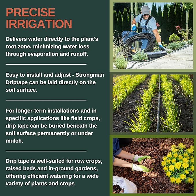 Strongman Premium Drip Irrigation | 1640 ft 5/8" Tape Roll | Smart Regulator | Garden Drip Watering System for Plants, Lawn, Greenhouse | 0.26 GPH | 0.4mm Thickness