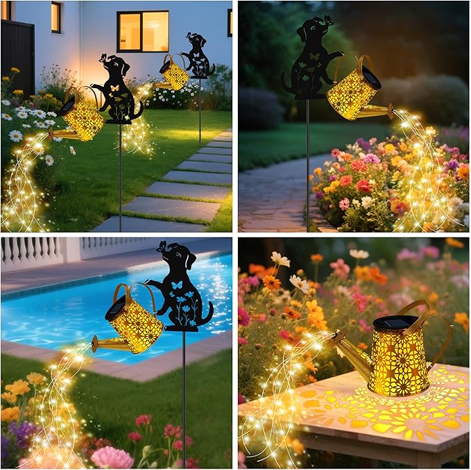 Solar Lights Outdoor, Dog Solar Watering Can Lights, Birthday Gifts for Women Mom Mother's Day Christmas, Waterproof Metal Hanging Lantern Garden Decor Outside Patio Yard Pathway Backyard, 2 Pack