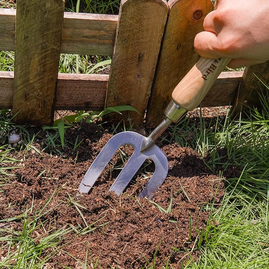 Berry&Bird Gardening Hand Fork, Stainless Steel Hand Weed Fork, Traditional Garden Hand Fork Tool with Ergonomic Ash Wood Handle for Weeding, Digging, Planting and Cultivating